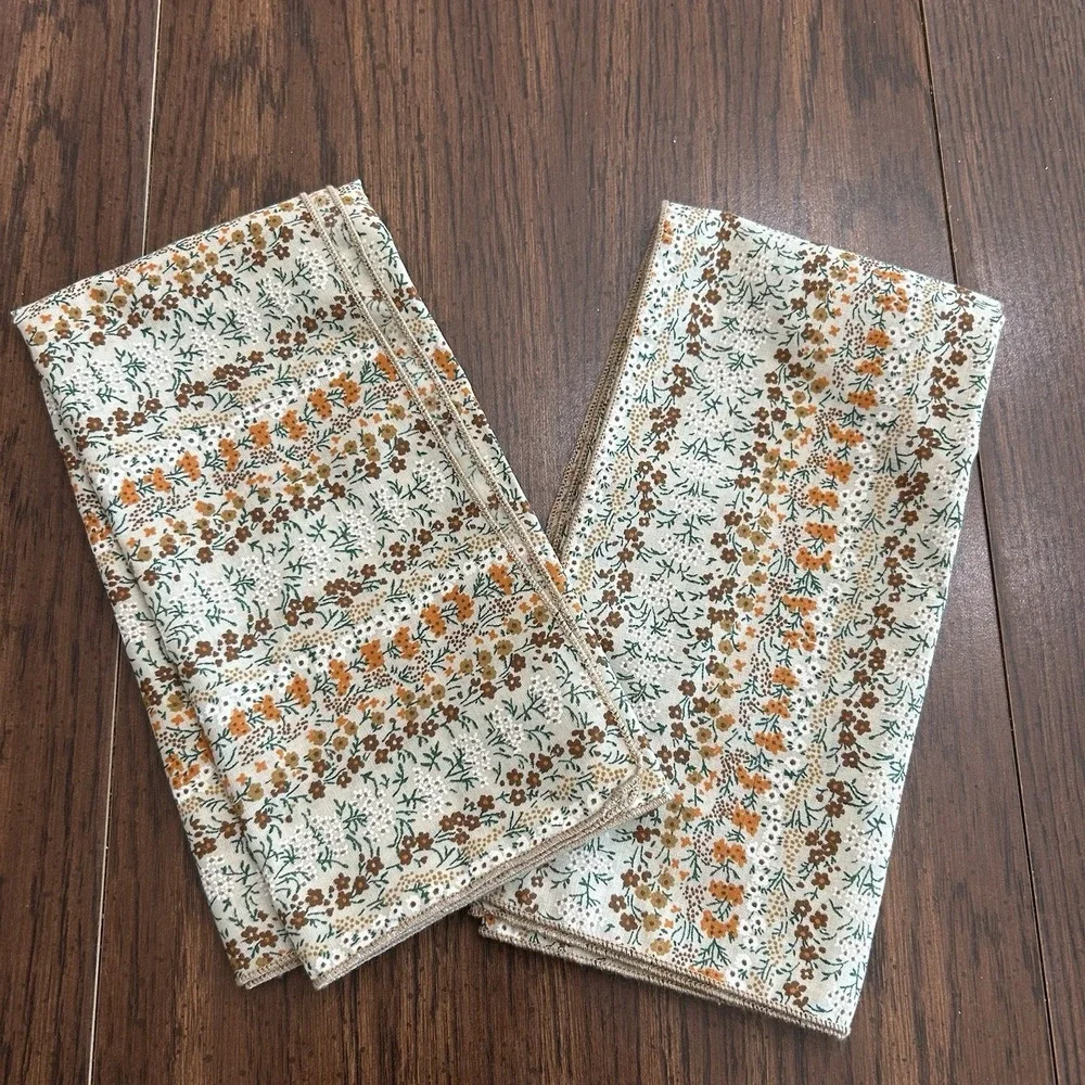 Vintage 70s‎ Cream Orange Brown Floral Stripe Cotton Napkins Set Of Two